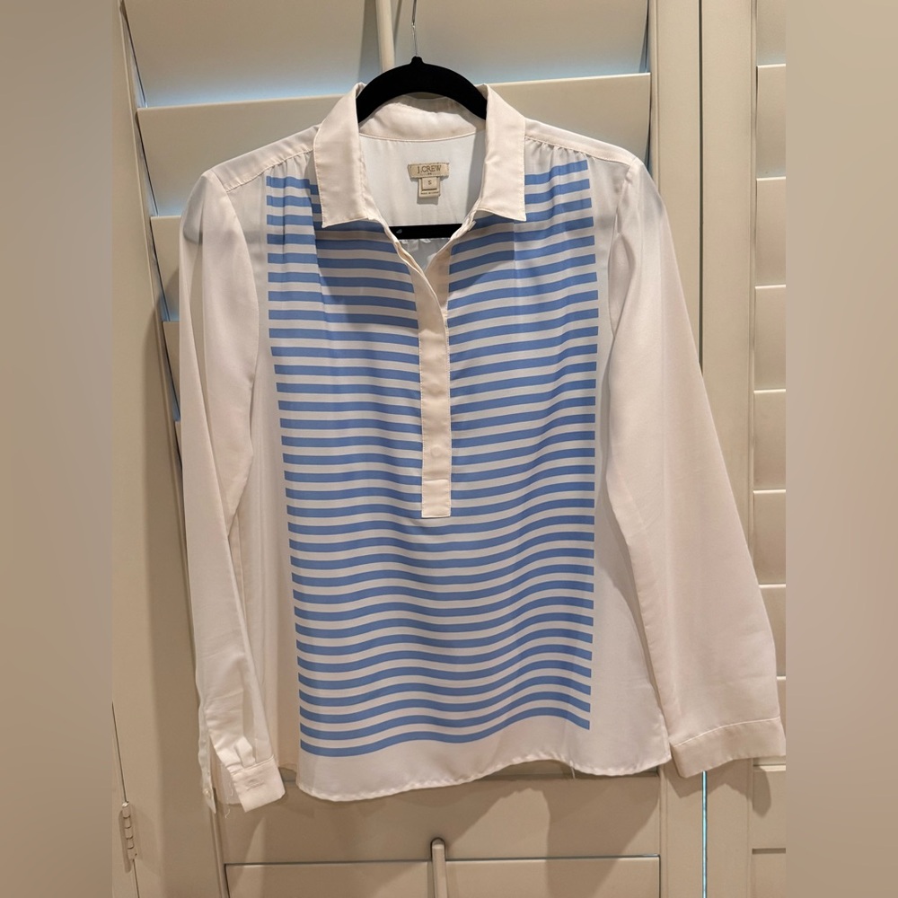 J.CREW Striped Collared Long Sleeve Blouse - White Blue Chiffon Size S
